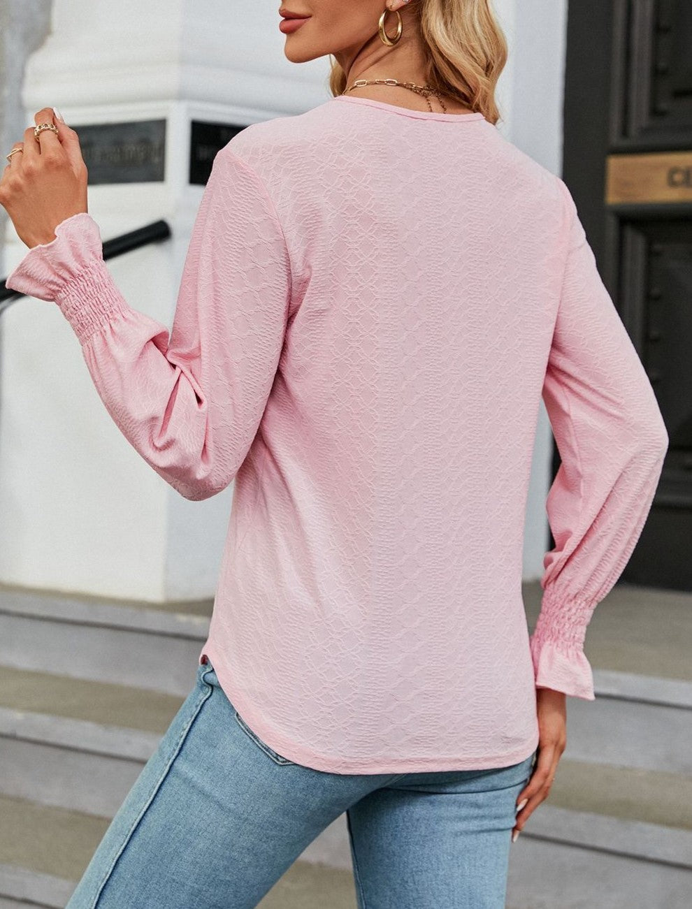 Crochet Trim V Neck Ruffle Cuff Blouse - Pink - 1