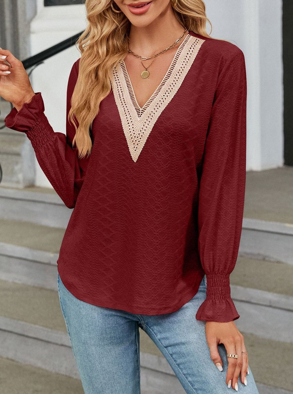 Crochet Trim V Neck Ruffle Cuff Blouse - Winered - 1