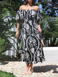 Tropical Leaf Off Shoulder Midi Dress - Black