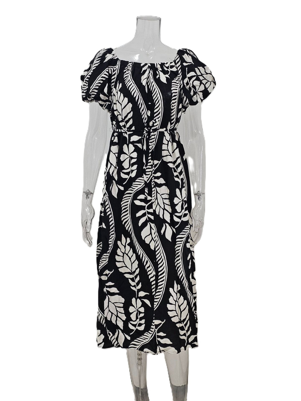 Tropical Leaf Off Shoulder Midi Dress - Black - 1