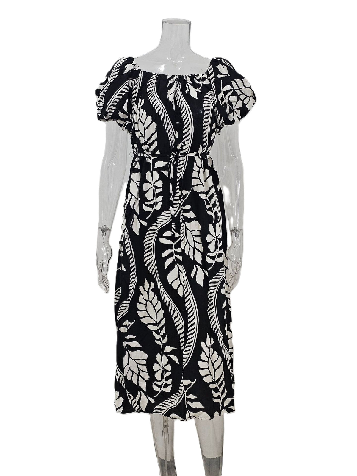Tropical Leaf Off Shoulder Midi Dress - Black - 1