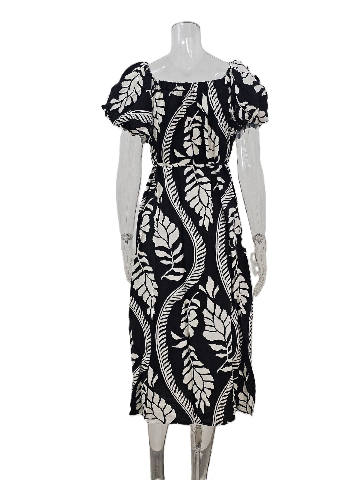 Tropical Leaf Off Shoulder Midi Dress - Black - 2