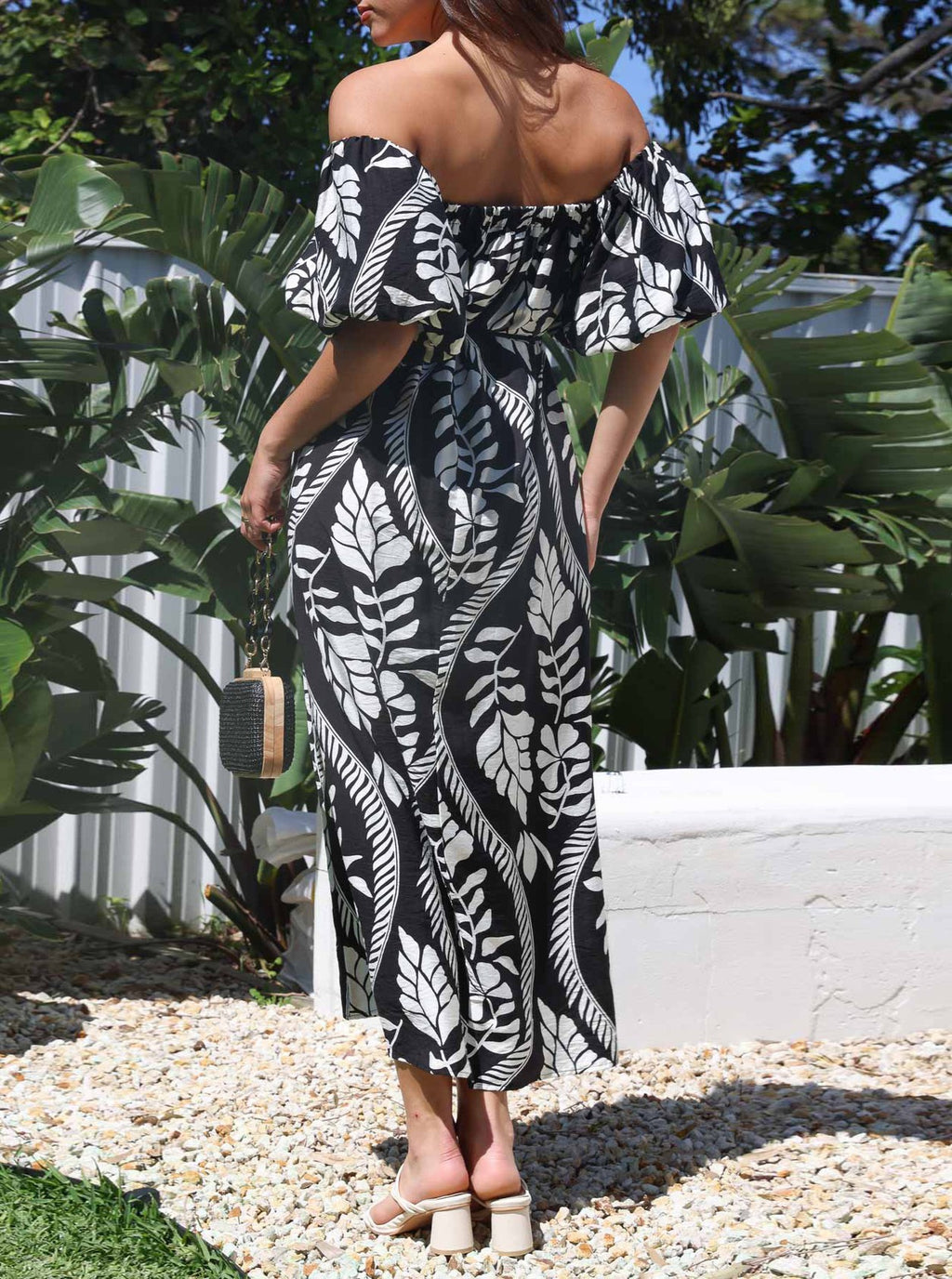 Tropical Leaf Off Shoulder Midi Dress - Black - 3