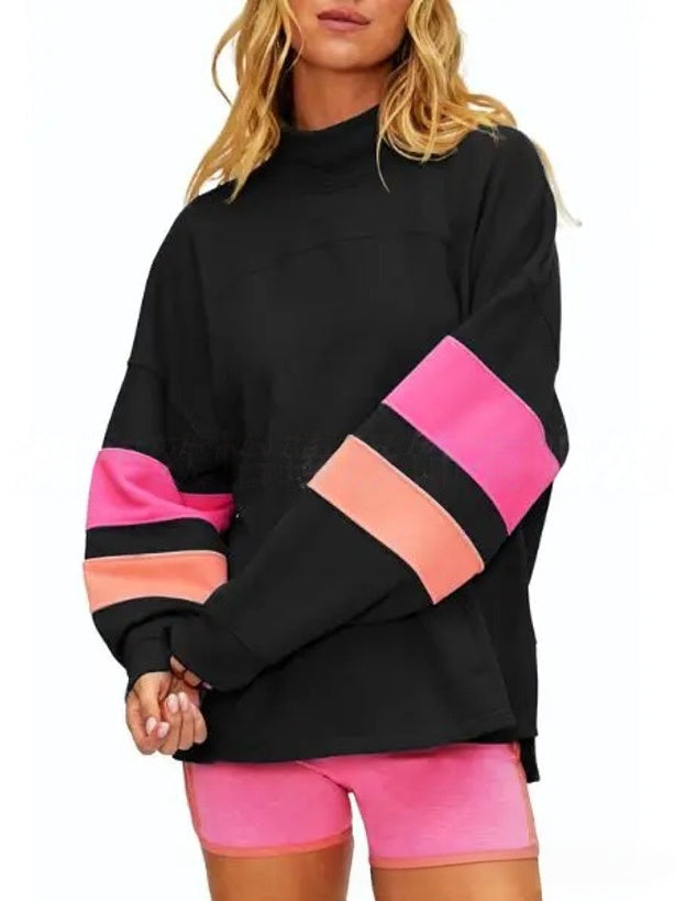 Varsity Stripe Sleeve Mock Neck Sweatshirt - Black