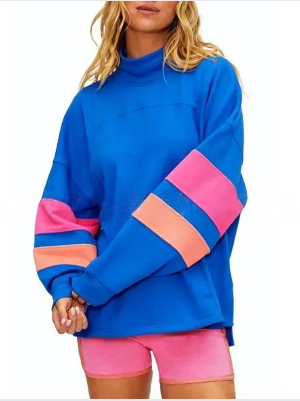 Varsity Stripe Sleeve Mock Neck Sweatshirt - Blue
