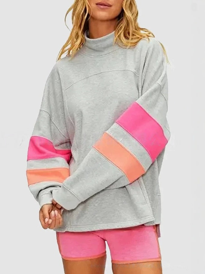 Varsity Stripe Sleeve Mock Neck Sweatshirt - Grey