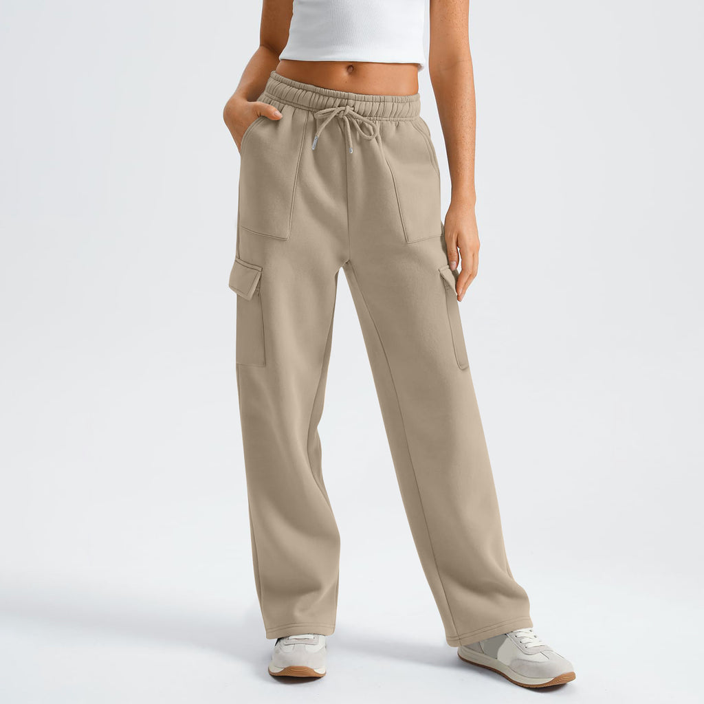 High Waist Drawstring Wide Leg Cargo Pants - Apricot