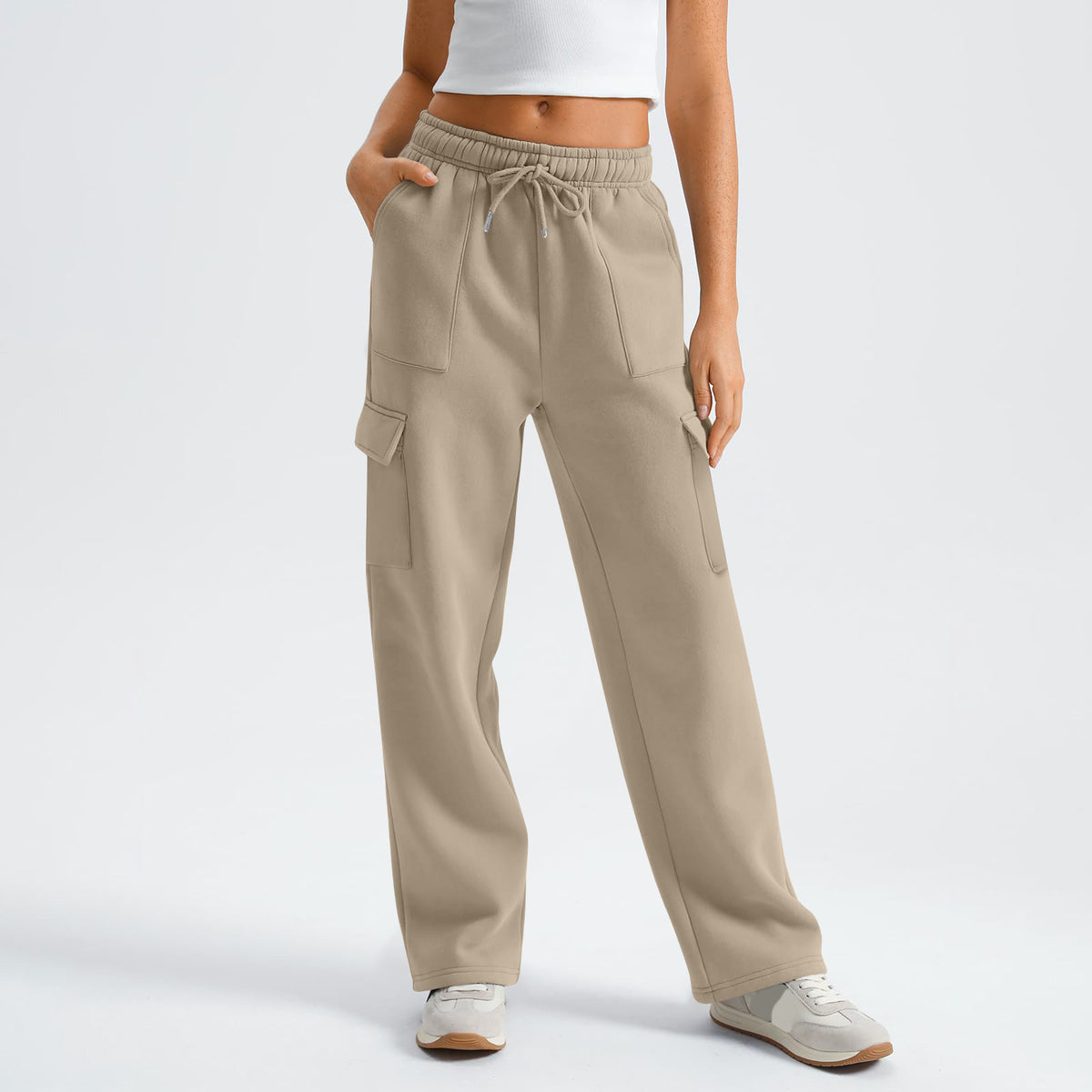High Waist Drawstring Wide Leg Cargo Pants - Apricot