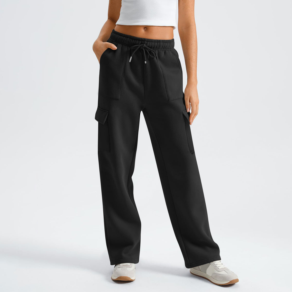 High Waist Drawstring Wide Leg Cargo Pants - Black