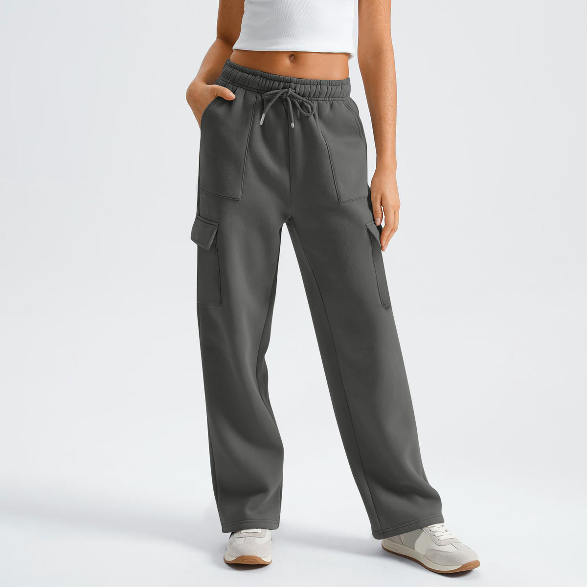 High Waist Drawstring Wide Leg Cargo Pants - DarkGray