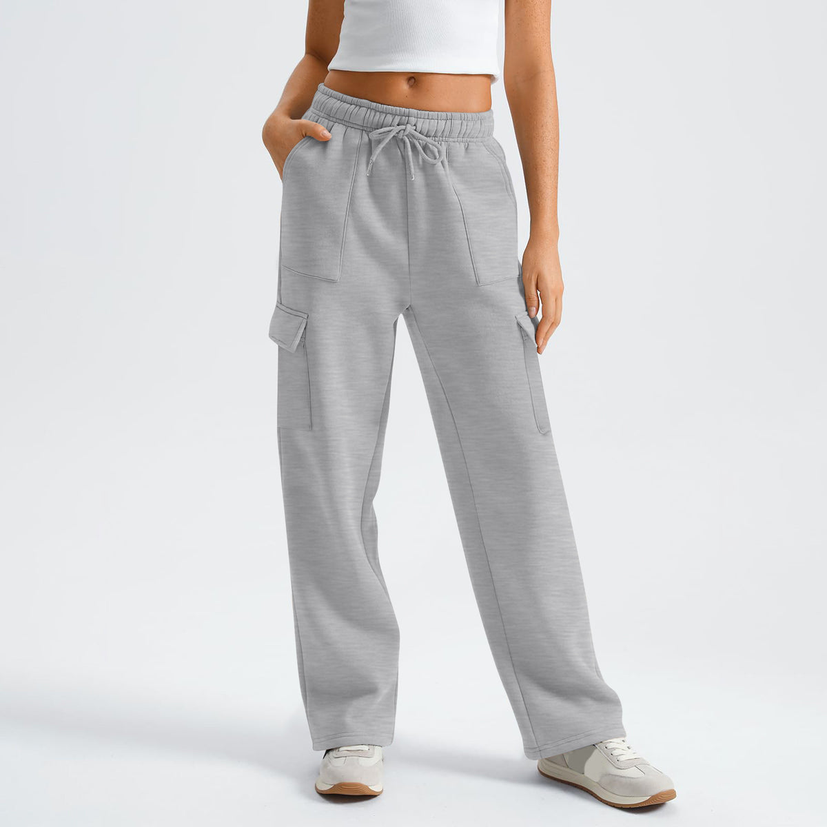 High Waist Drawstring Wide Leg Cargo Pants - Gray