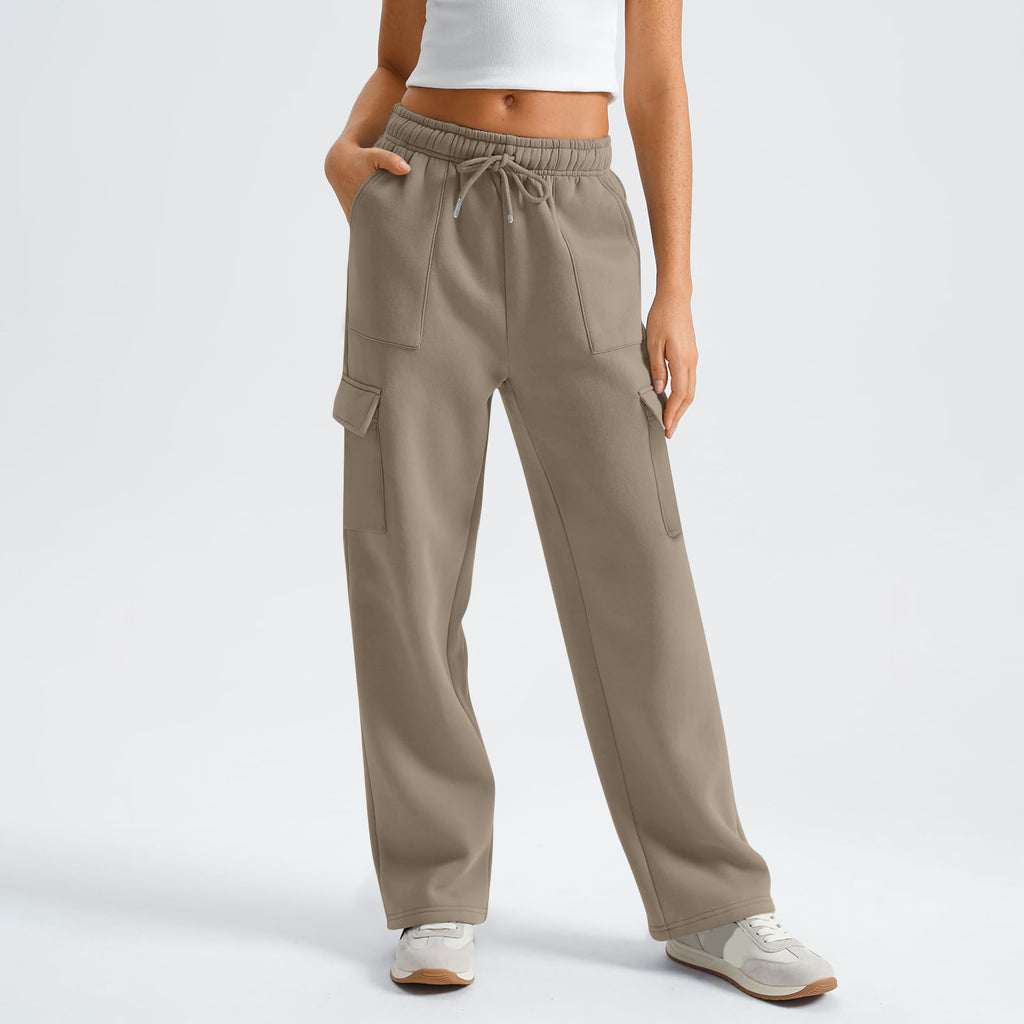 High Waist Drawstring Wide Leg Cargo Pants - Khaki