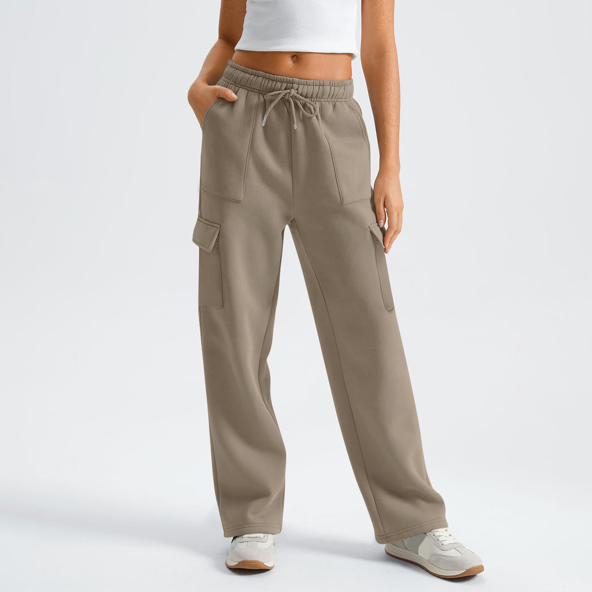 High Waist Drawstring Wide Leg Cargo Pants - Khaki