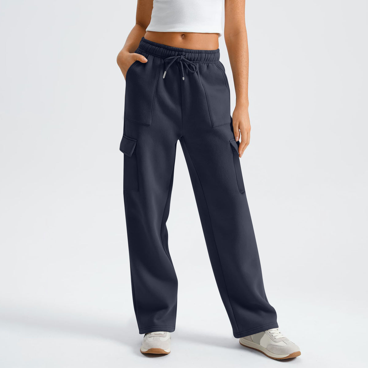 High Waist Drawstring Wide Leg Cargo Pants - Navy