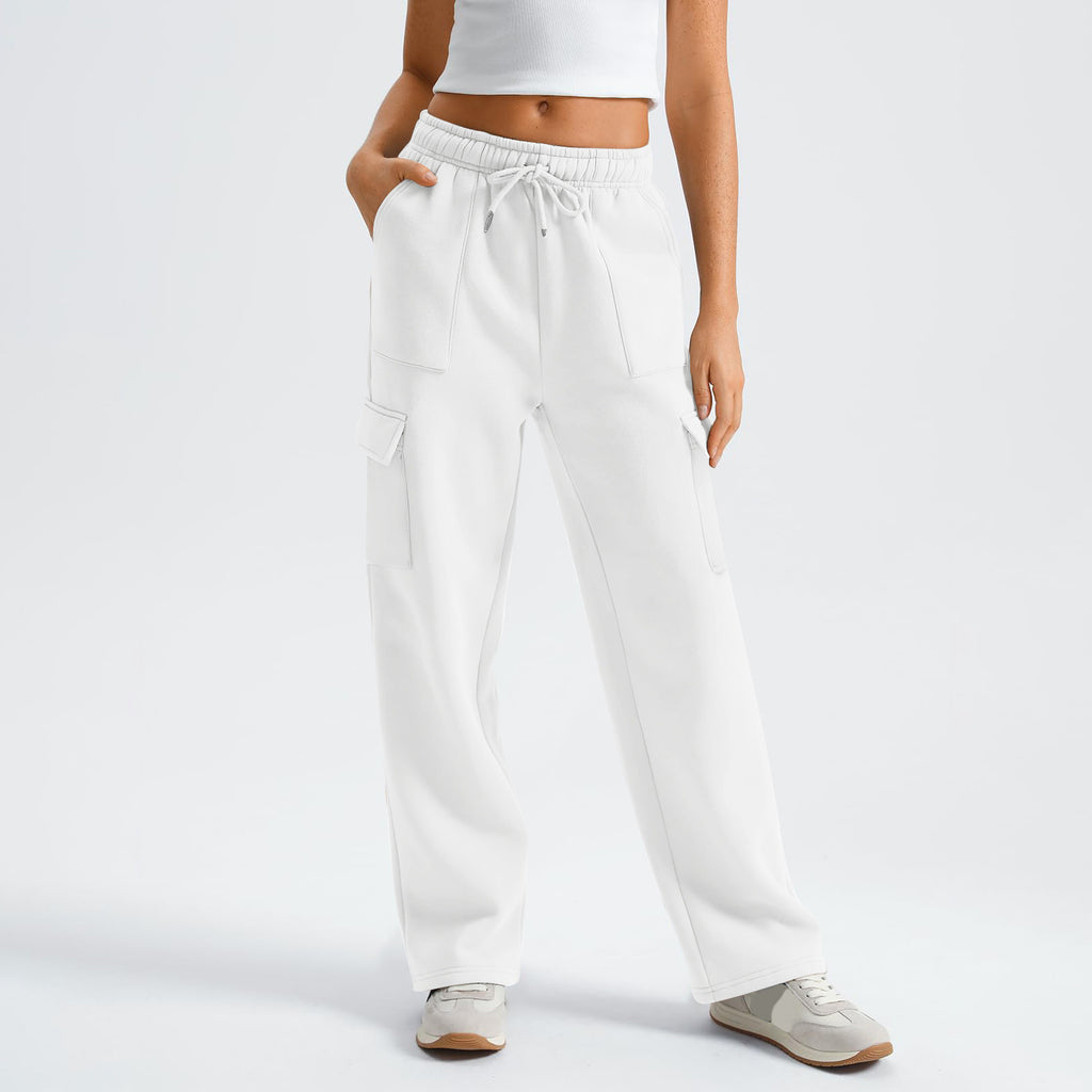 High Waist Drawstring Wide Leg Cargo Pants - White