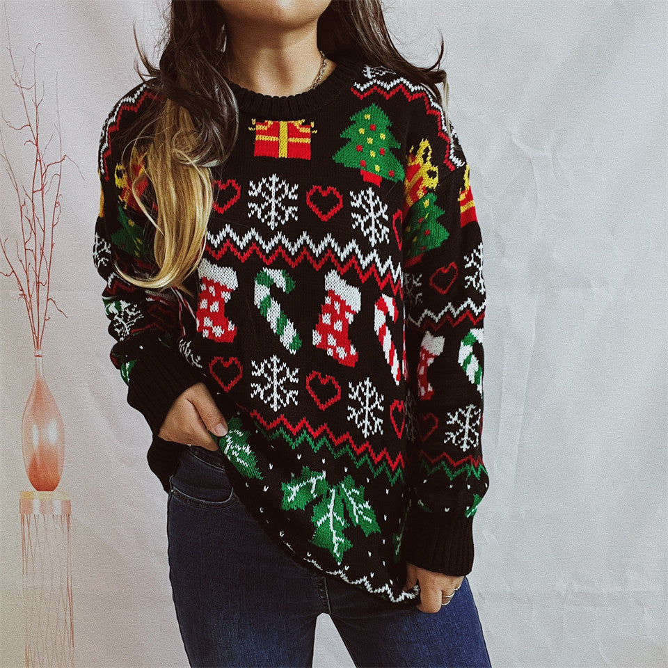 Stocking Candy Cane Fair Isle Christmas Sweater - Black
