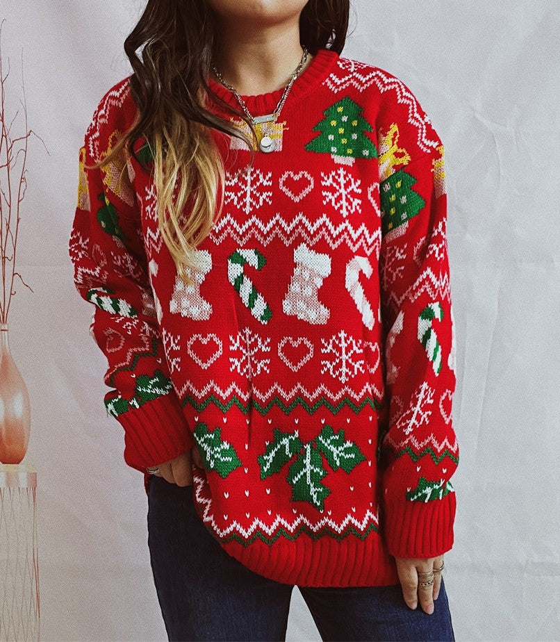 Stocking Candy Cane Fair Isle Christmas Sweater - Red