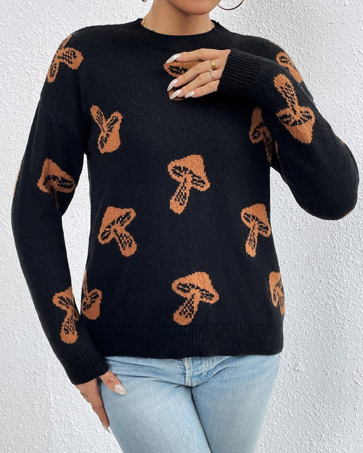 Graphic Motif Jacquard Crewneck Sweater - Black