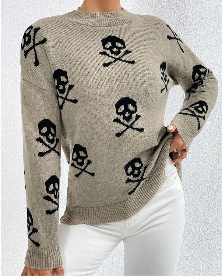 Graphic Motif Jacquard Crewneck Sweater - Brown