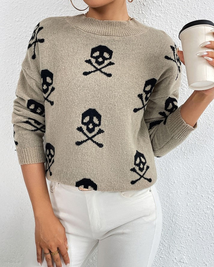 Graphic Motif Jacquard Crewneck Sweater - Brown - 2