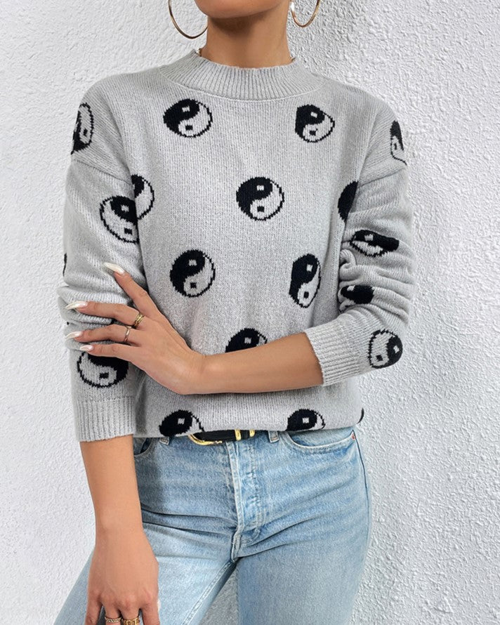 Graphic Motif Jacquard Crewneck Sweater - Grey - 1