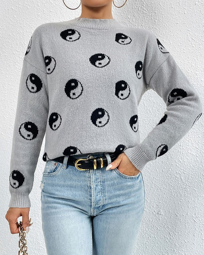 Graphic Motif Jacquard Crewneck Sweater - Grey - 2