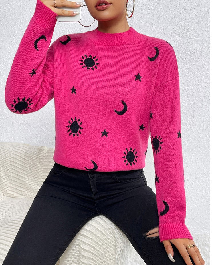 Graphic Motif Jacquard Crewneck Sweater - Rose