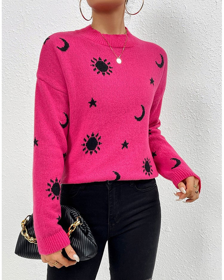 Graphic Motif Jacquard Crewneck Sweater - Rose - 1