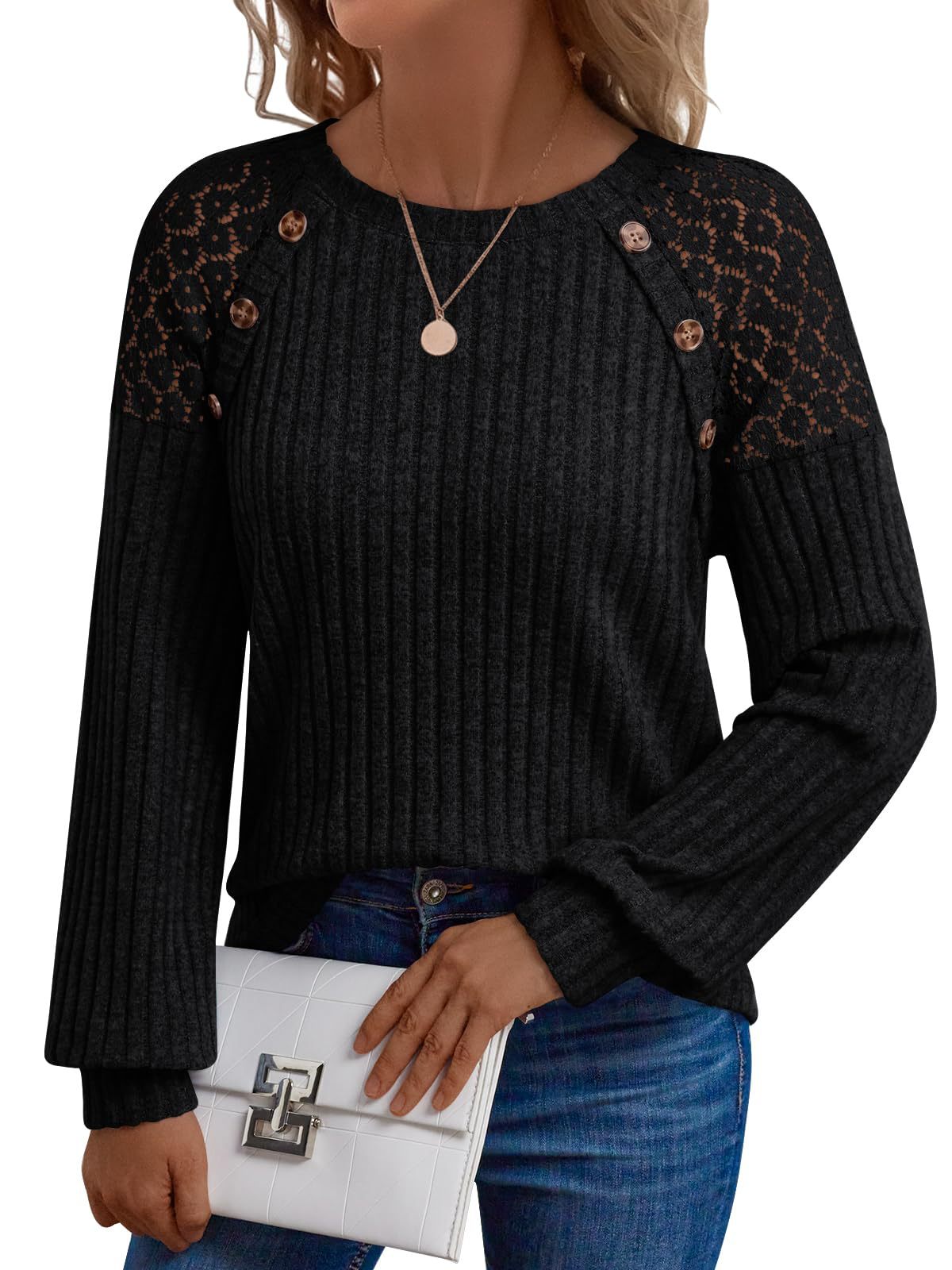 Lace Shoulder Button Trim Rib Knit Sweater - Black