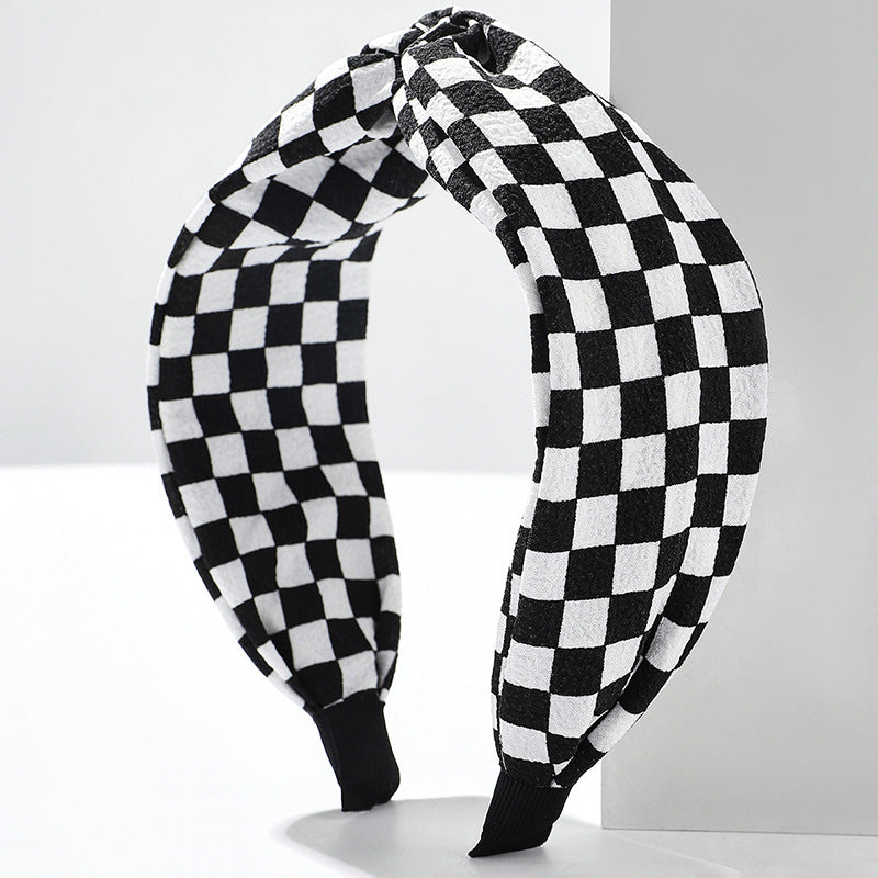 Checkerboard Print Knot Top Headband - Black