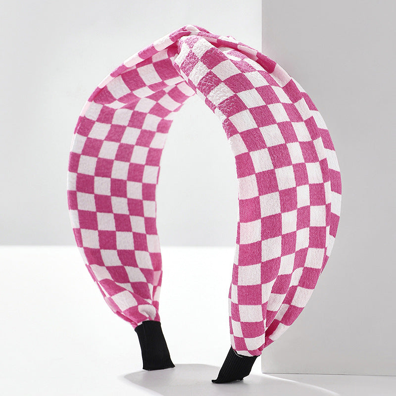 Checkerboard Print Knot Top Headband - Pink
