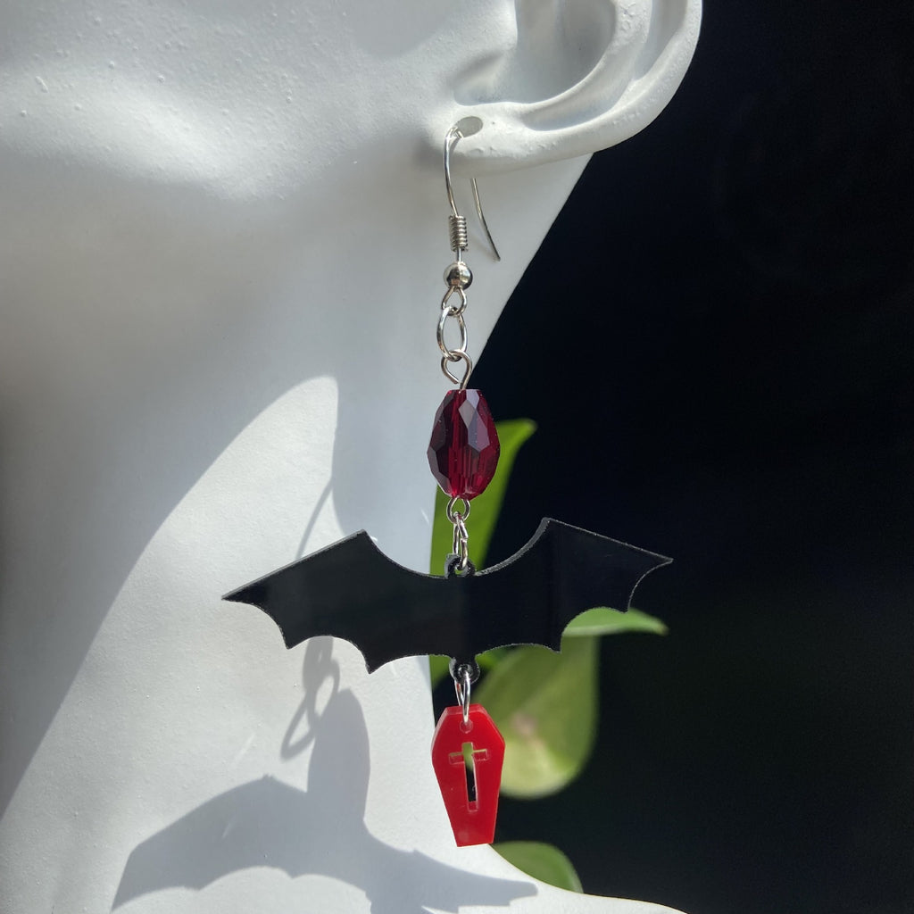 Gothic Bat Charm Beaded Dangle Earrings - Coffin