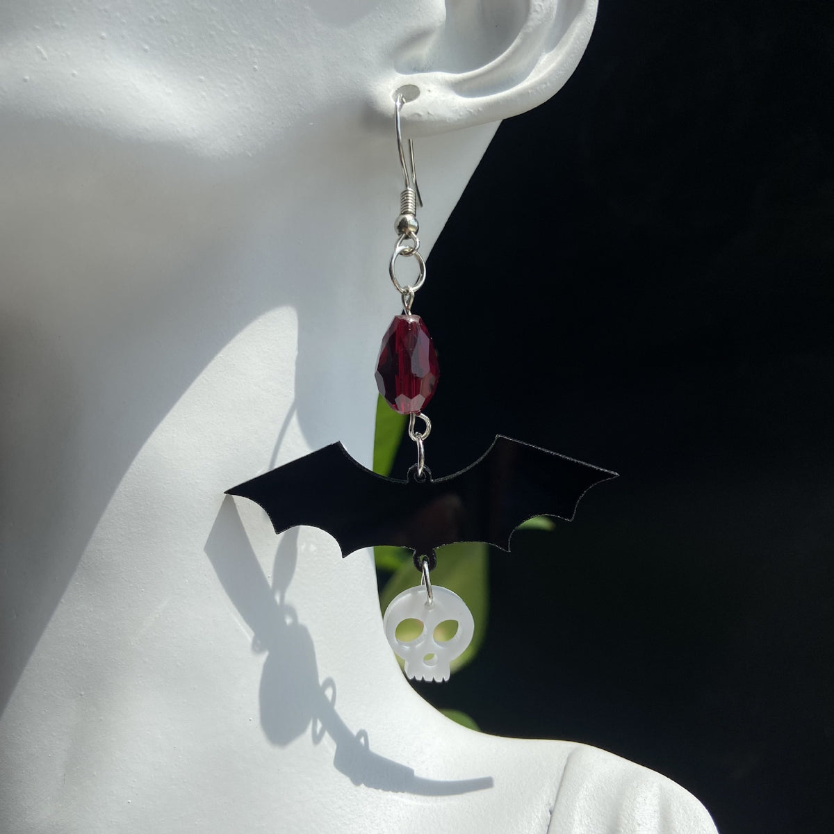 Gothic Bat Charm Beaded Dangle Earrings - Ghost