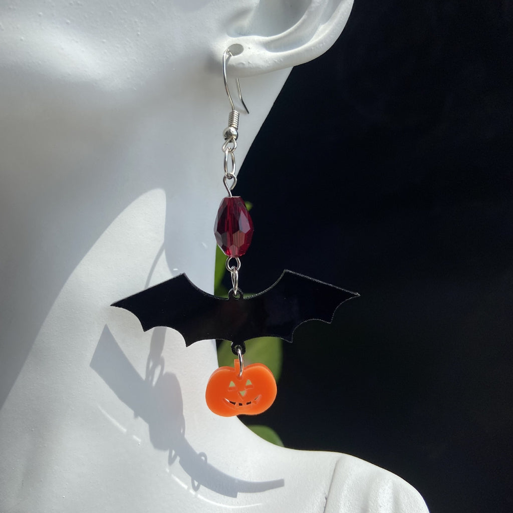 Gothic Bat Charm Beaded Dangle Earrings - Pumpkin - 1