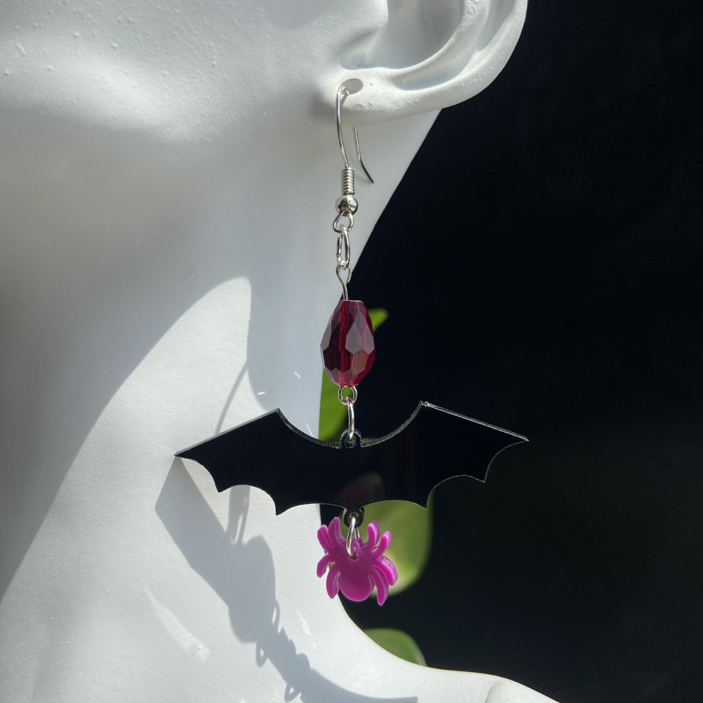 Gothic Bat Charm Beaded Dangle Earrings - Spider