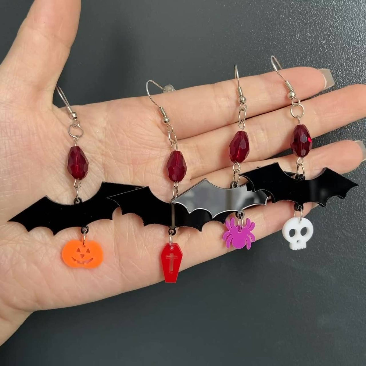 Gothic Bat Charm Beaded Dangle Earrings