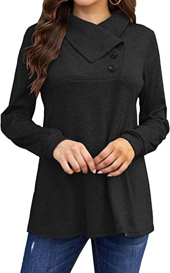 Split Cowl Neck Button Detail Tunic - Black