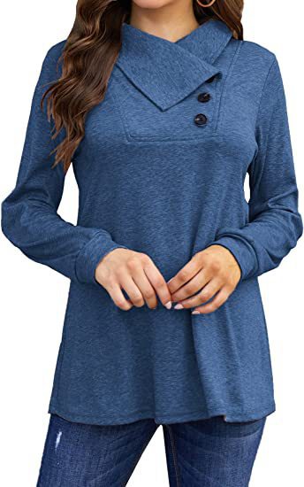 Split Cowl Neck Button Detail Tunic - Blue