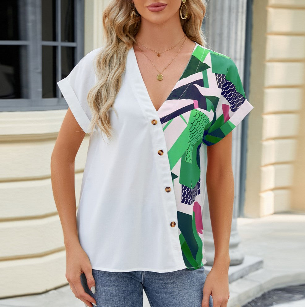 Colorblock Abstract Print V Neck Blouse - Green