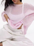 Sheer Knit Oversized Long Sleeve Tee - Pink