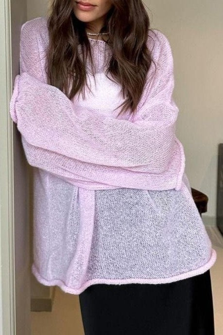 Sheer Knit Oversized Long Sleeve Tee - Pink - 1