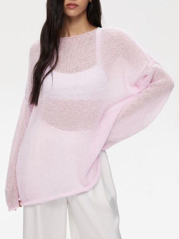 Sheer Knit Oversized Long Sleeve Tee - Pink - 2