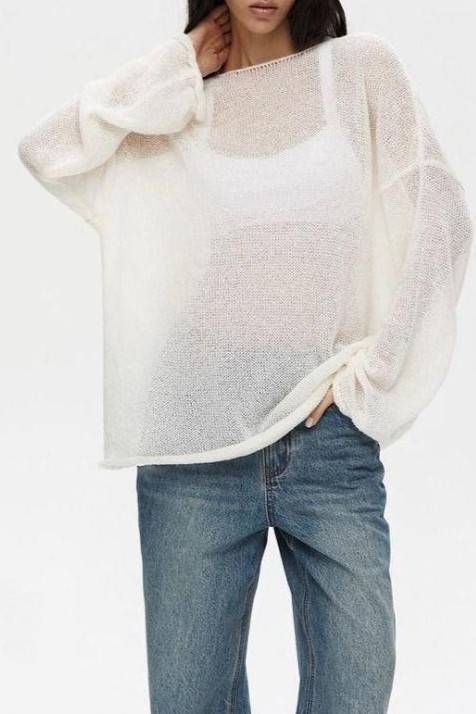Sheer Knit Oversized Long Sleeve Tee - White