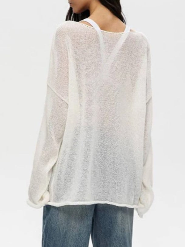 Sheer Knit Oversized Long Sleeve Tee - White - 1