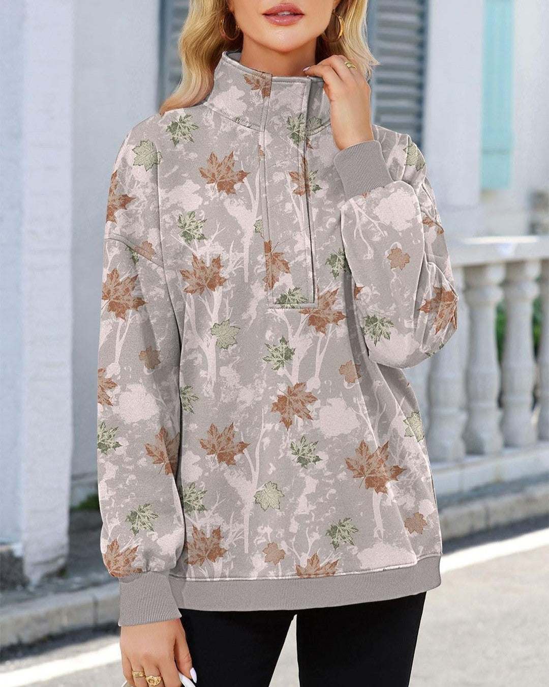 Quarter Button Stand Collar Camo Sweatshirt - Camo_3 - 2