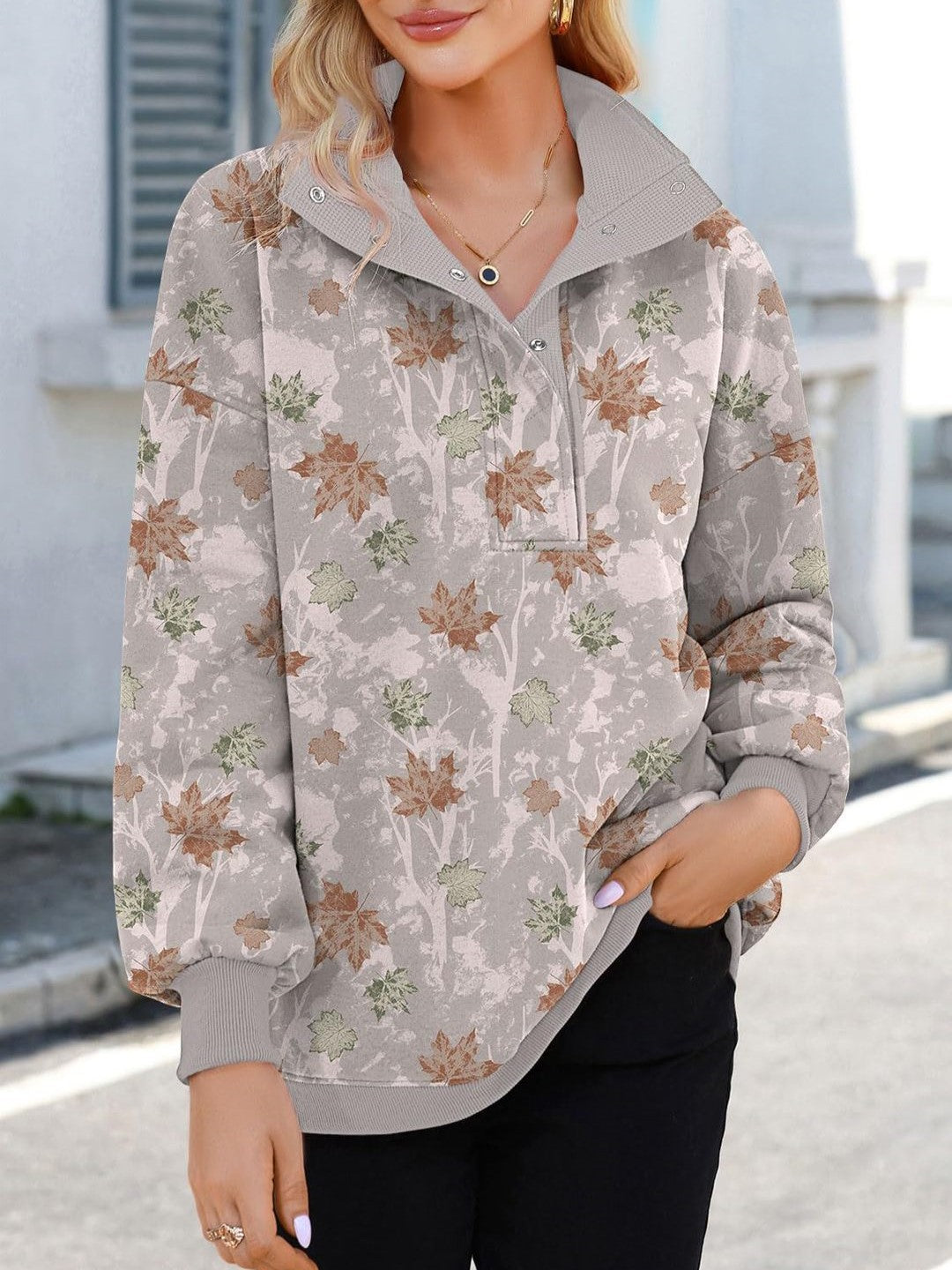 Quarter Button Stand Collar Camo Sweatshirt - Camo_3 - 3