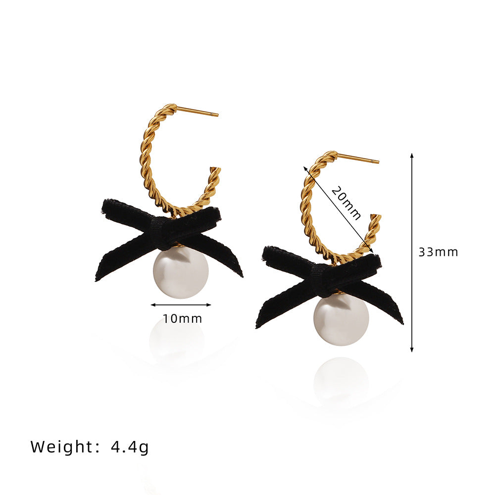 Velvet Bow Pearl Drop Earrings - Gold