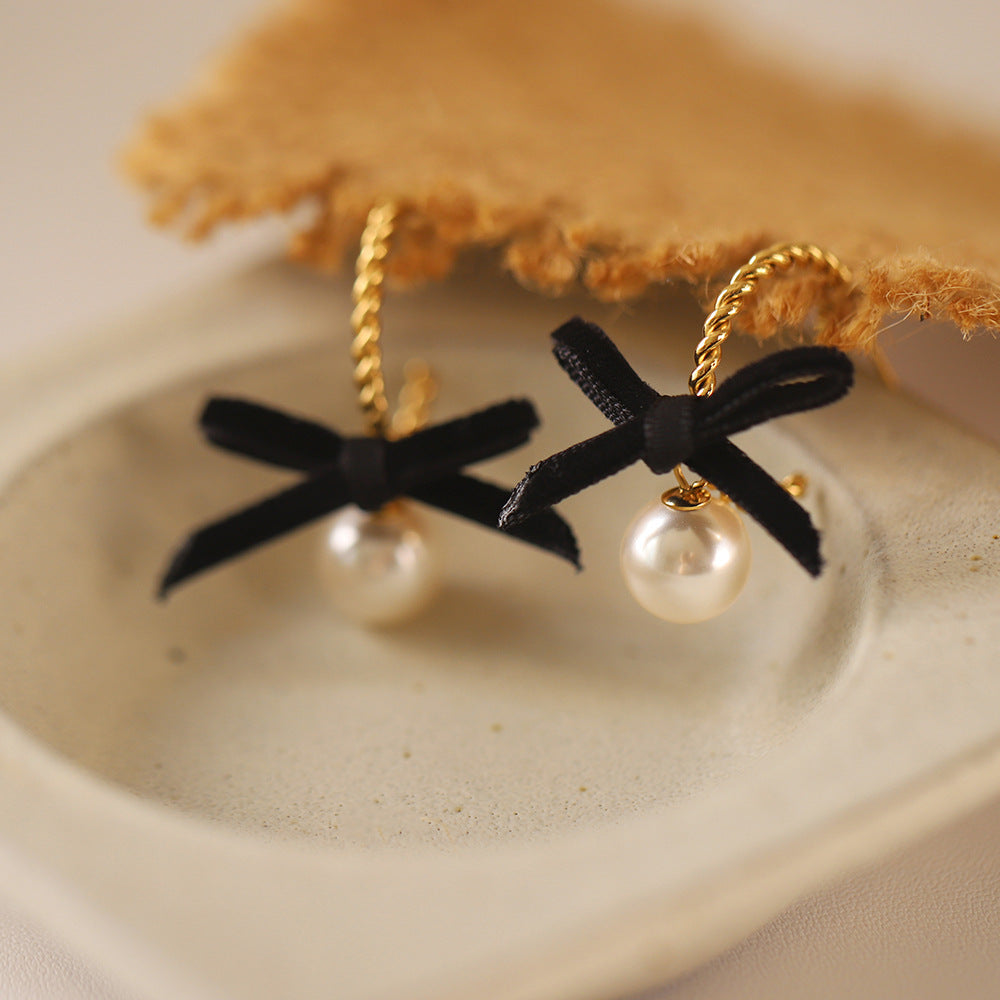 Velvet Bow Pearl Drop Earrings - Gold - 1