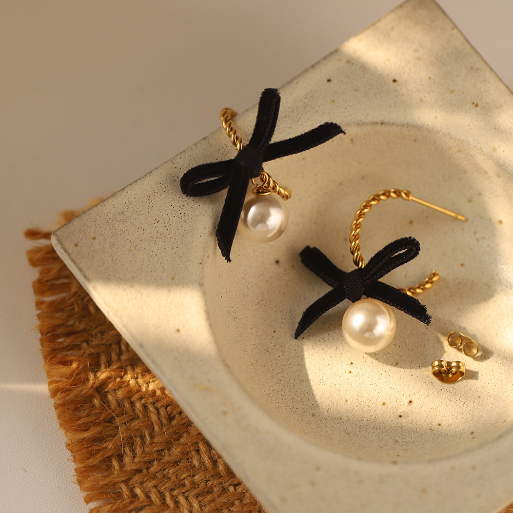 Velvet Bow Pearl Drop Earrings - Gold - 2