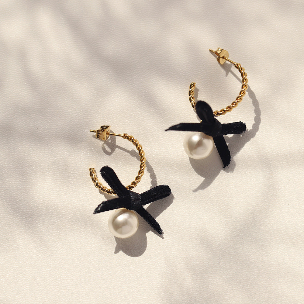 Velvet Bow Pearl Drop Earrings - Gold - 3